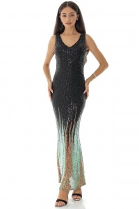 Elegant sequin maxi dress Dr4594 in Black with contrasting beads
