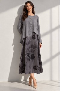 Grey Asymmetric Jumper and Printed Satin Midi Dress Set - AIMELIA DR4869