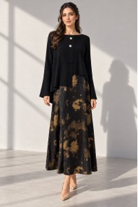 Black Asymmetric Jumper and Printed Satin Midi Dress Set - AIMELIA DR4867