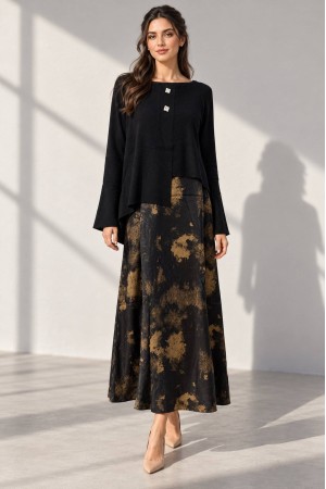 Black Asymmetric Jumper and Printed Satin Midi Dress Set - AIMELIA DR4867