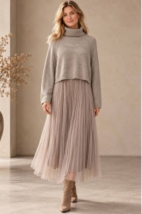 Beige Cropped Polo Neck Jumper and Tulle Midi Dress Set - AIMELIA DR4875