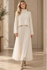 Cream Cropped Polo Neck Jumper and Tulle Midi Dress Set - AIMELIA DR4877