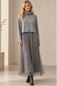 Grey Cropped Polo Neck Jumper and Tulle Midi Dress Set - AIMELIA DR4876