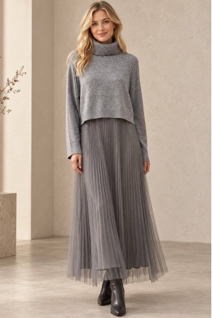 Grey Cropped Polo Neck Jumper and Tulle Midi Dress Set - AIMELIA DR4876