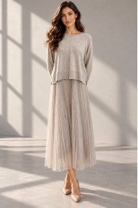 Beige Embroidered Jumper and Tulle Midi Dress Set - AIMELIA DR4860