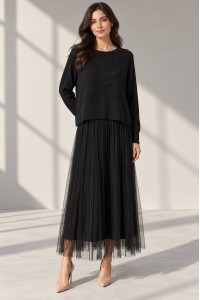 Black Embroidered Jumper and Tulle Midi Dress Set - AIMELIA DR4859