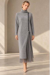 Light Grey High Neck Knit and Tulle Two-Piece Dress Set - AIMELIA DR4866