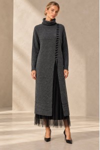 Dark Grey High Neck Knit and Tulle Two-Piece Dress Set - AIMELIA DR4864