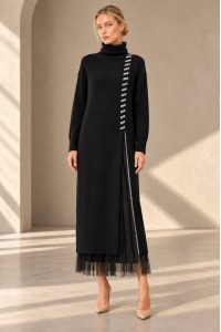 Black High Neck Knit and Tulle Two-Piece Dress Set - AIMELIA DR4865