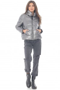 Short Puffer Jacket, Aimelia Jr553 in Silver Grey with a high collar design and pockets.