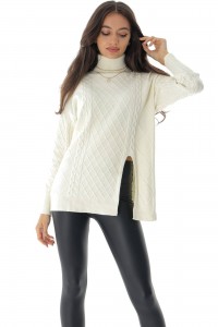 Soft high neck jumper with a cable design, Cream, Aimelia BR2655
