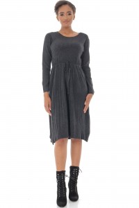 Soft knitted Midi Dress, Aimelia Dr4332, in DK Grey, with a pleated skirt.