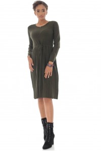 Soft knitted Midi Dress, Aimelia Dr43333, in Khaki Green, with a pleated skirt