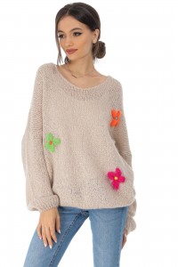 Soft mohair  jumper Aimelia BR2525 Beige with handmade knitted flower detail
