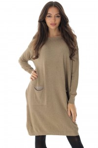 Stylish oversized knitted embellished dress , Beige  , Aimelia DR4632