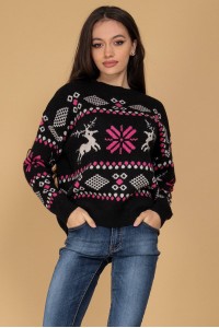 Thick wool mix jumper Aimelia BR2536 Black/ Cerise with a seasonal motif