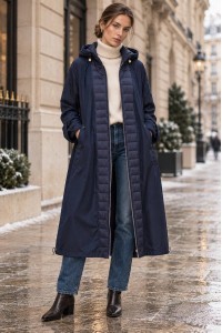 Navy Hooded Midi Trench Coat with Quilted Details - AIMELIA JR698