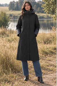 Black High Neck Midi Trench Coat with Detachable Hood - AIMELIA JR699