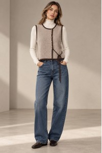 Beige Knitted Waistcoat with Gold-Tone Buttons - AIMELIA BR3022