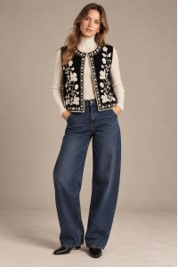 Black Floral Knitted Sleeveless Waistcoat - AIMELIA BR3018
