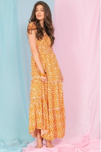 Vintage inspired maxi dress,Aimelia Dr4288, in Orange and Cream, with a shirred bodice.
