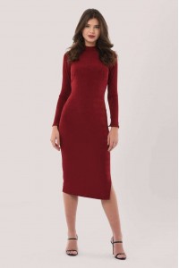  Bodycon midi dress, in Wine, with long sleeves, Aimelia DR4349