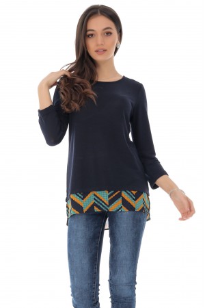 Fine knit top with a colourful aztec printed hem - Aimelia