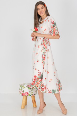 Floral wrapover dress, Aimelia DR4301,in White,with a border print
