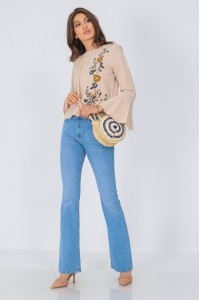 Flared denim jeans,Aimelia Tr436,in light Blue, with a high waist.