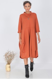 Oversized midi dress, Aimelia Dr4319,in Orange with a high neck and side pockets.