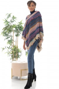 A knitted poncho,Aimelia Jr541,in a multicolour weave,with fringe detailing