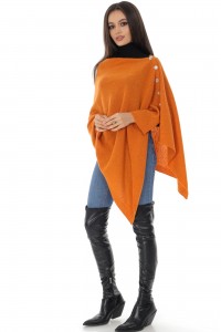 A soft wool poncho,Aimelia Br2449, in Orange, with a chic button detail