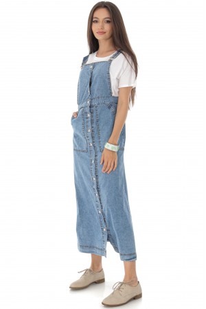 Pinafore style midi Aimelia D4390 in Denim with silver buttons.