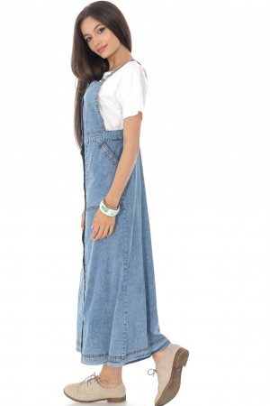 Pinafore style midi Aimelia D4390 in Denim with silver buttons.