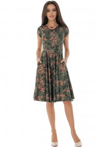 Floral skater dress,Aimelia Dr4352, in Green ,with short sleeves and a full skirt