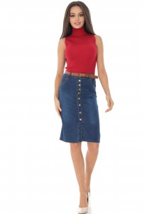 Casual knee length skirt,Aimelia Fr502, in Denim, with a contrasting belt.