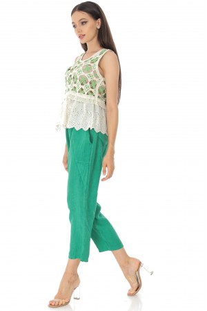 Crochet top, Aimelia Br2466, in Green/Cream , with a lace frill. 