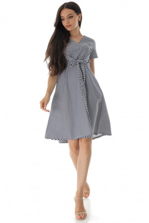 STRIPED TIE FRONT SKATER DRESS IN NAVY - AIMELIA - DR4575