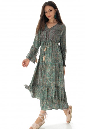 Silk feel maxi dress DR4581 in Green with flared sleeves