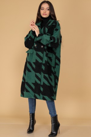 Green and Black Check Print Brushed Wool Coat