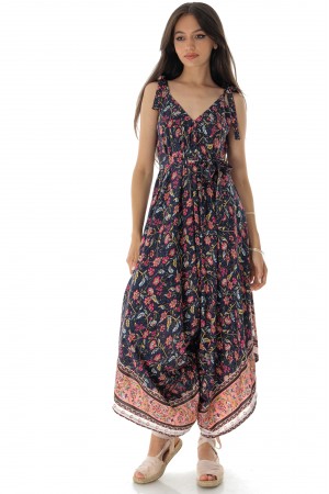 FLORAL SLEEVELESS FLARED JUMPSUIT IN NAVY - AIMELIA - TR483
