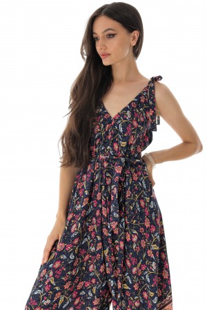 FLORAL SLEEVELESS FLARED JUMPSUIT IN NAVY - AIMELIA - TR483