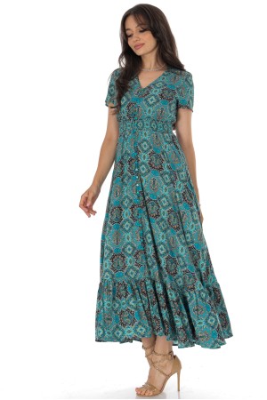 Green Maxi Dress with Mosaic Print and Short Sleeves – Aimelia DR4742