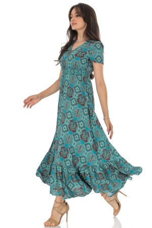 Green Maxi Dress with Mosaic Print and Short Sleeves – Aimelia DR4742