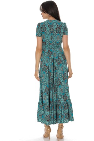 Green Maxi Dress with Mosaic Print and Short Sleeves – Aimelia DR4742
