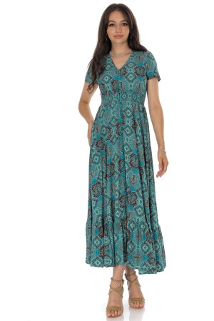 Green Maxi Dress with Mosaic Print and Short Sleeves – Aimelia DR4742