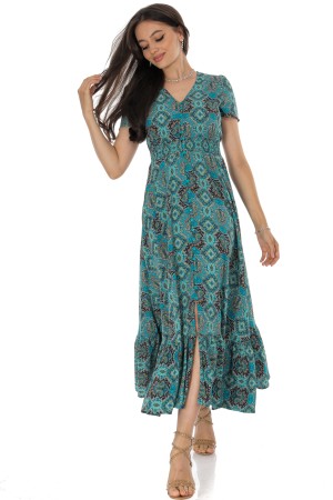 Green Maxi Dress with Mosaic Print and Short Sleeves – Aimelia DR4742