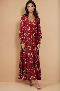 Floral Long Sleeve Lace Trim Maxi Dress in Red Roh Dr4782