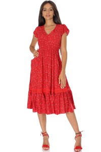 Women’s Multicolor Floral Print Midi Dress with Side Pockets 