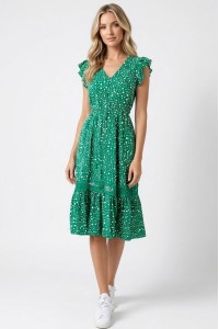 Women’s Green Polka Dot Print Midi Dress with Pockets 
